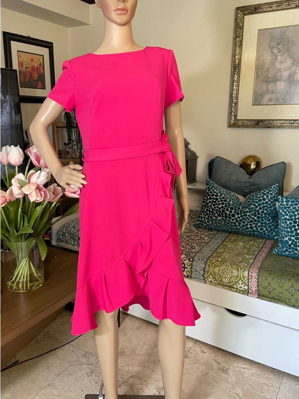 Women's Bright Pink Ruffle Wrap Calvin Klein Dress size 10